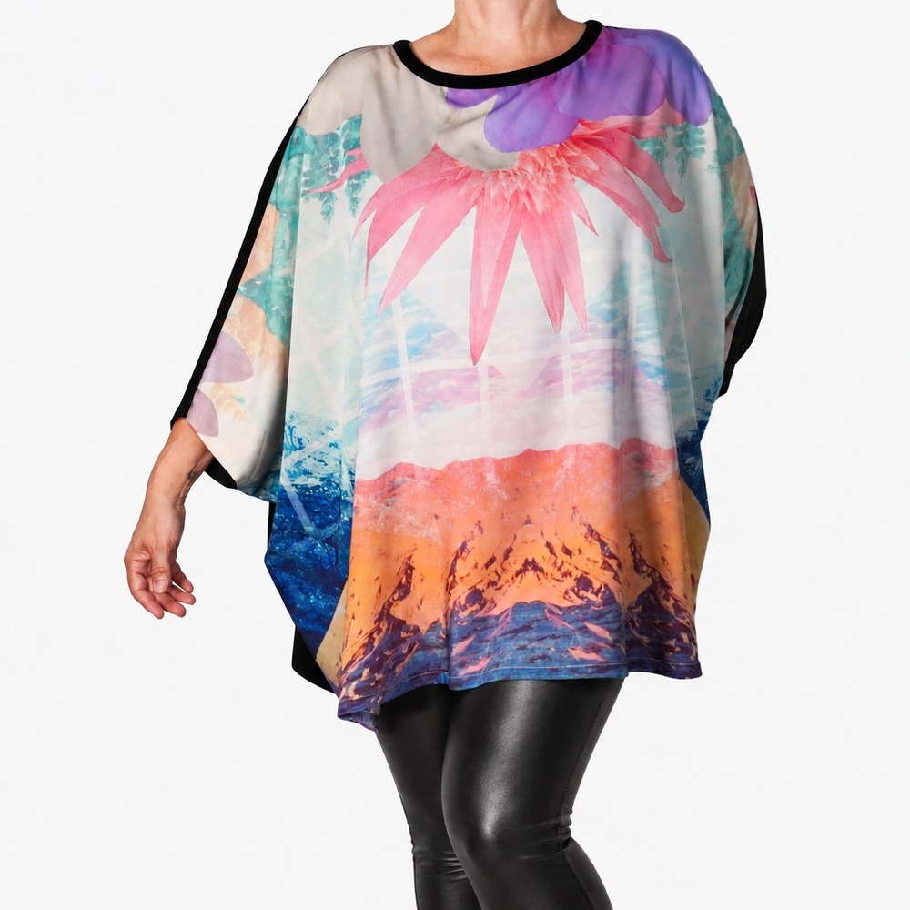 Cameo Oversized Floral Landscape Print Top Multicolor Blouse S fits O/S